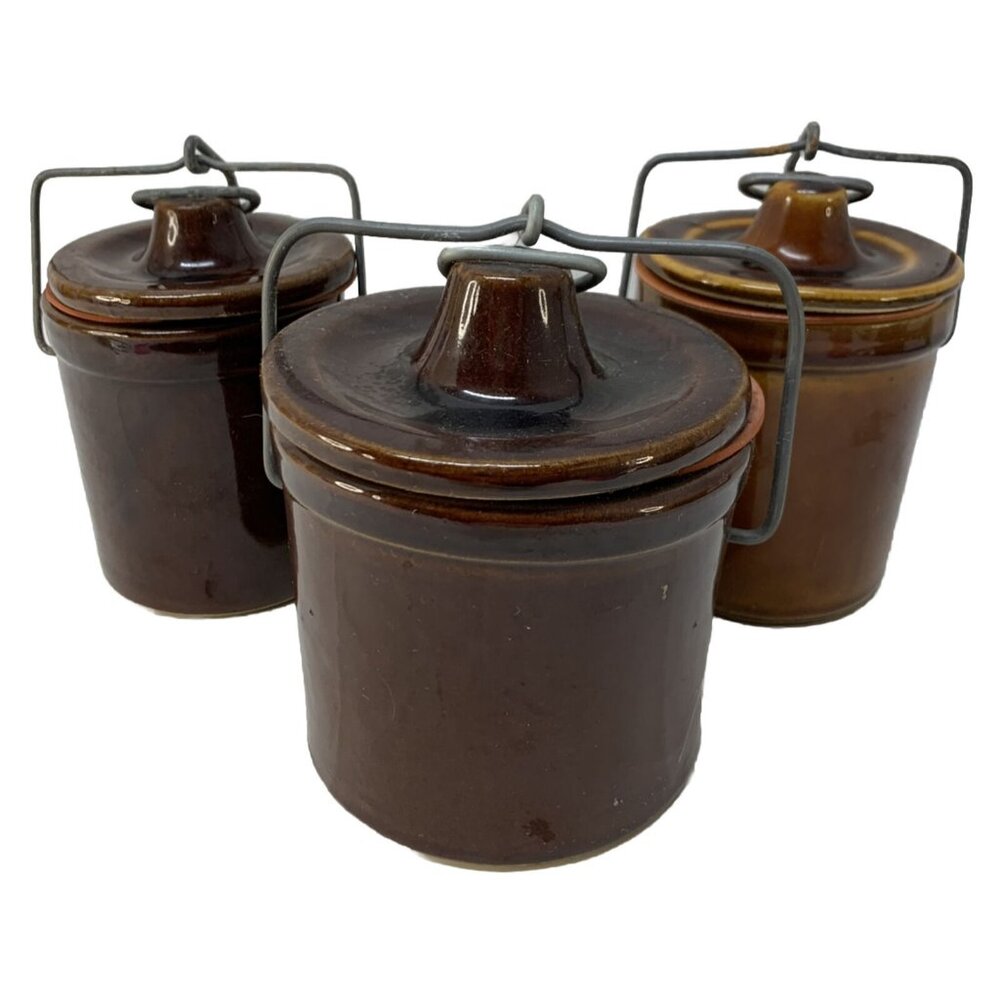 VTG LOT 3 Brown Stoneware Cheese Butter Crocks w/ Lids Rubber Gaskets Wire Bails